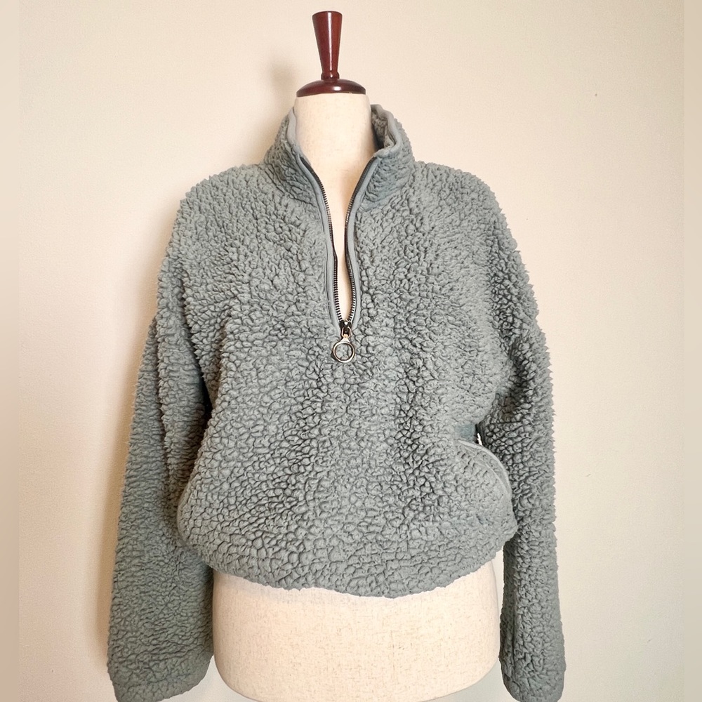 Sherpa Teddy Fleece Zip Pullover Light Blue, Thread & Supply Fully Lined